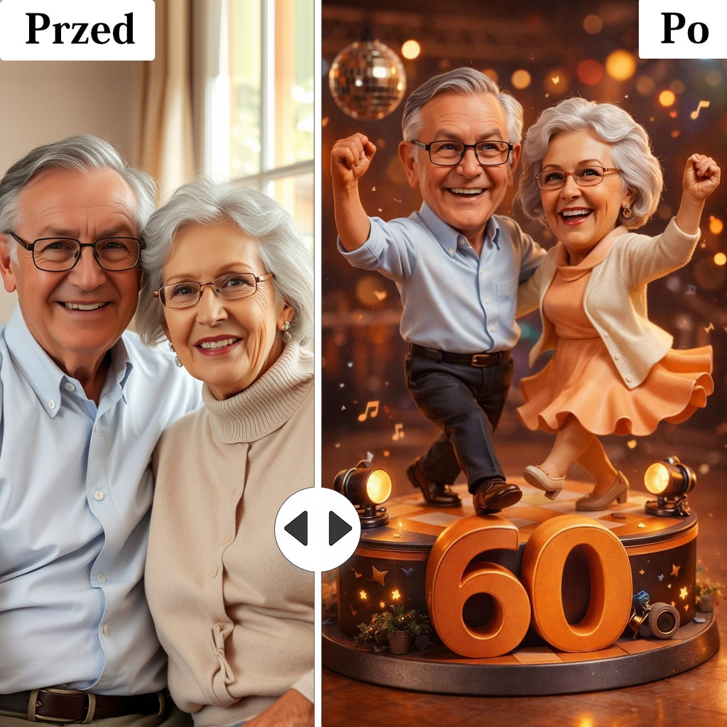 karykatura pary dziadków ze zdjęcia – wesoła ilustracja na prezent