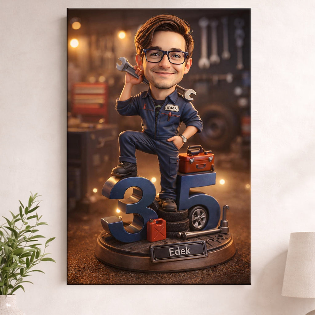 karykatura mechanika samochodowego ze zdjęcia prezent dla taty