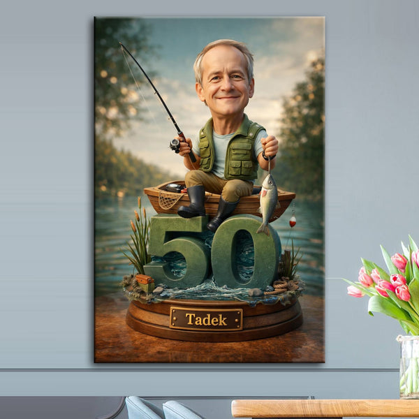 Karykatura Wędkarz ze Zdjęcia – Personalizowany Obraz dla Chłopaka, Dziadka, Taty