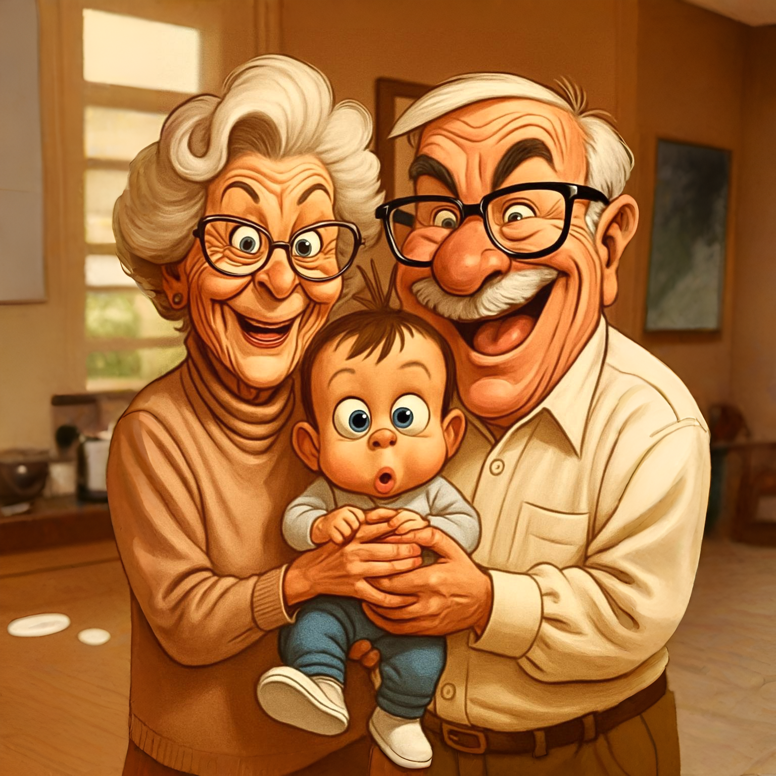 wzruszająca karykatura dziadków z wnukiem ze zdjęcia prezent pełen miłości