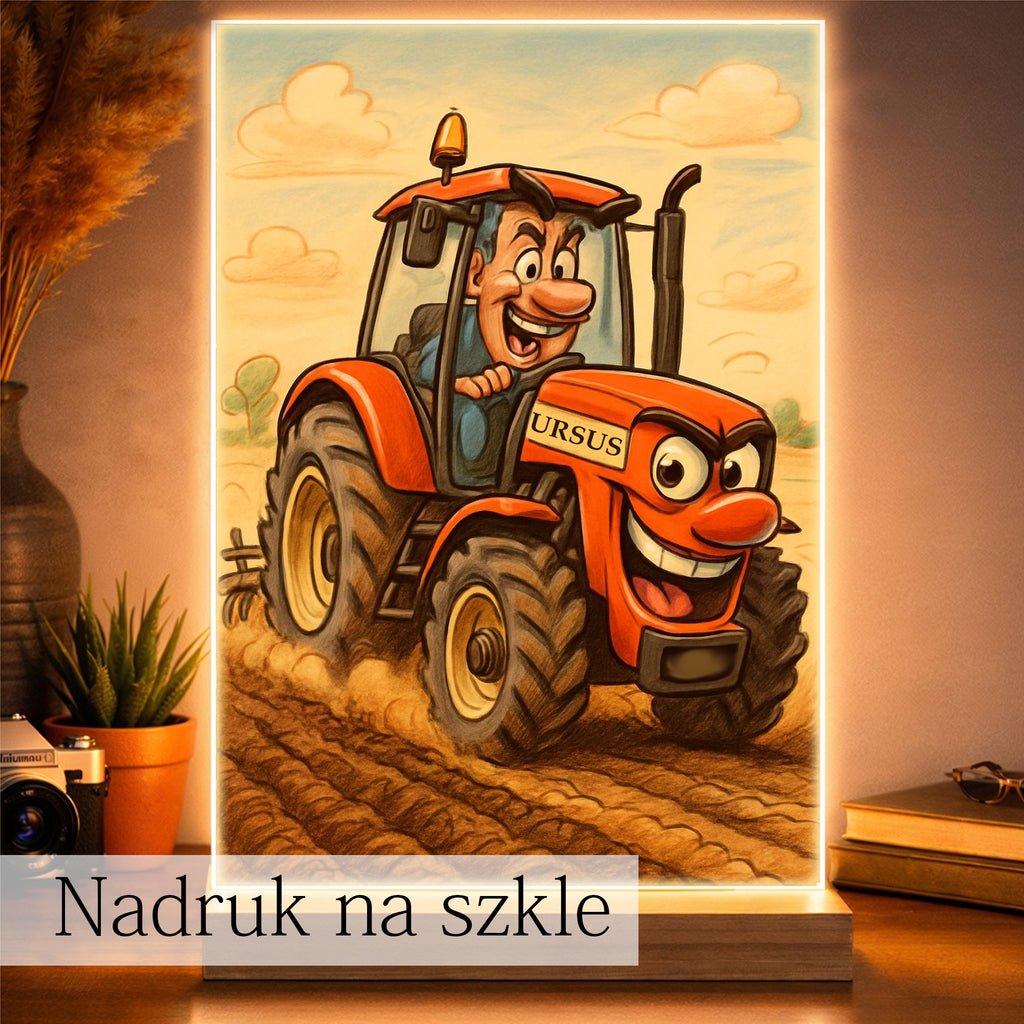 karykatura rolnika na polu z ciągnikiem śmieszna