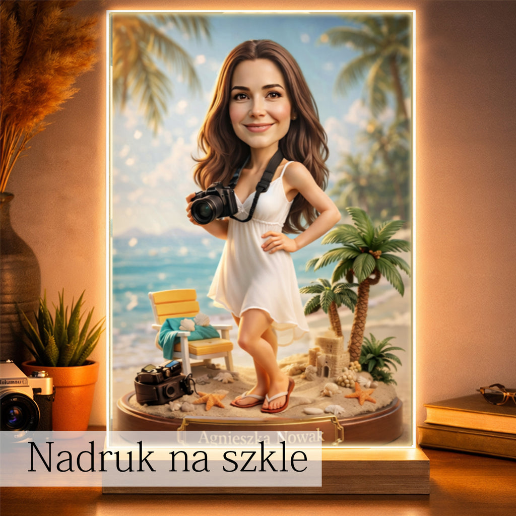 personalizowany portret podróżniczki ze zdjęcia kolorowy i zabawny