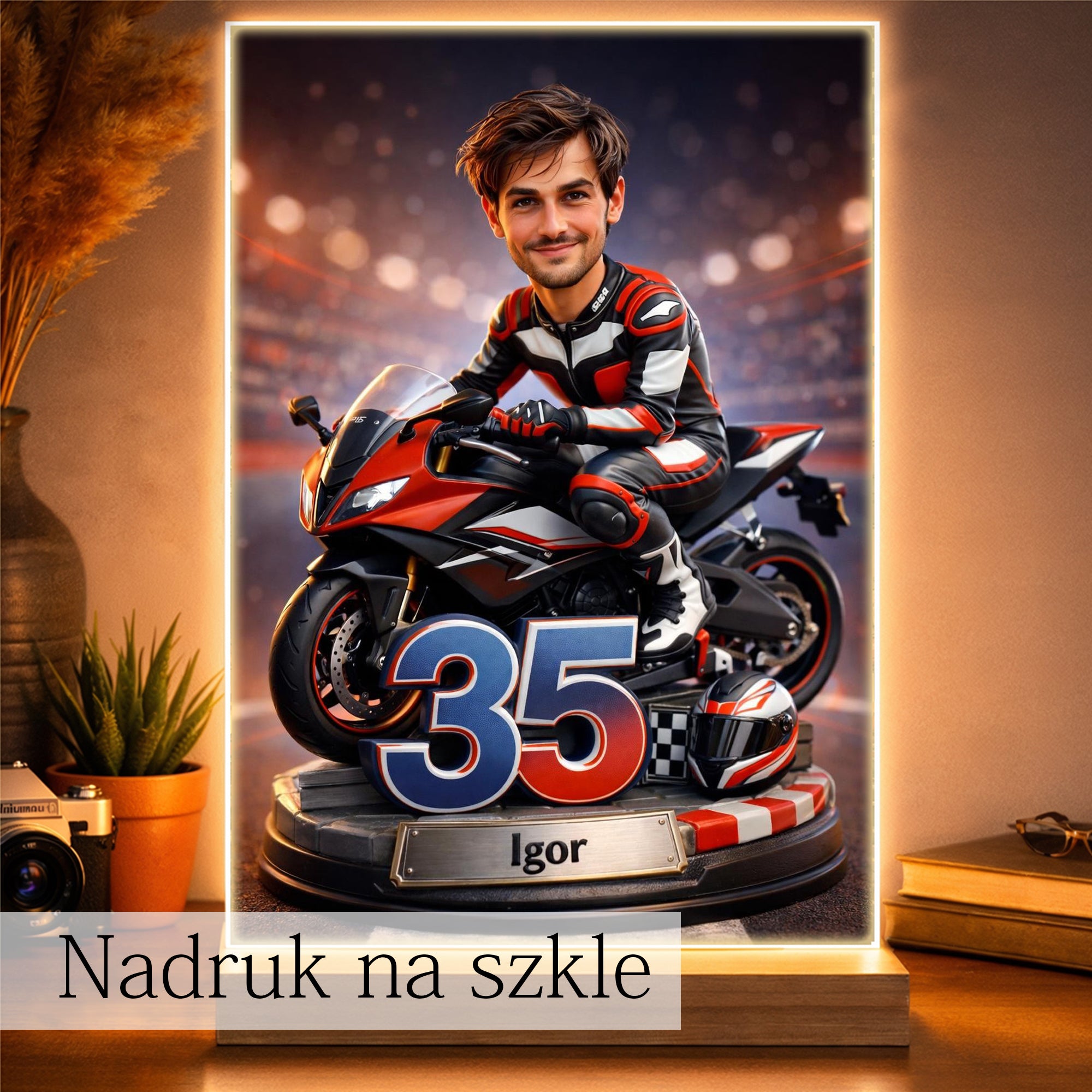śmieszna karykatura motocyklisty na motorze prezent dla faceta