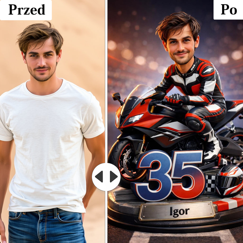 karykatura faceta na motorze personalizowany obraz ze zdjęcia