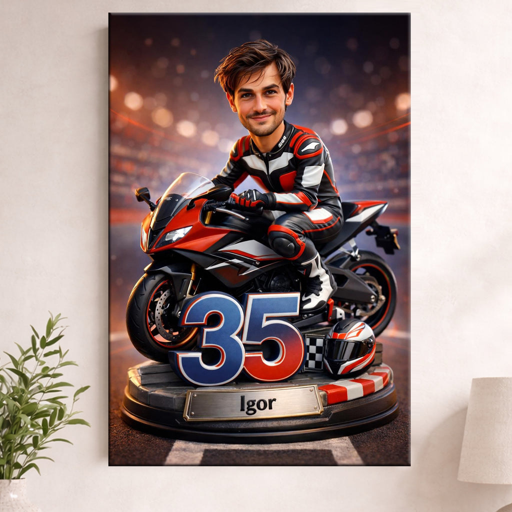 karykatura motocyklisty ze zdjęcia personalizowany prezent dla niego