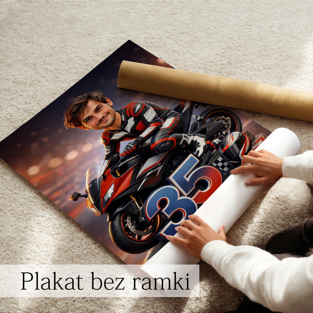prezent dla motocyklisty karykatura z motocyklem ilustracja