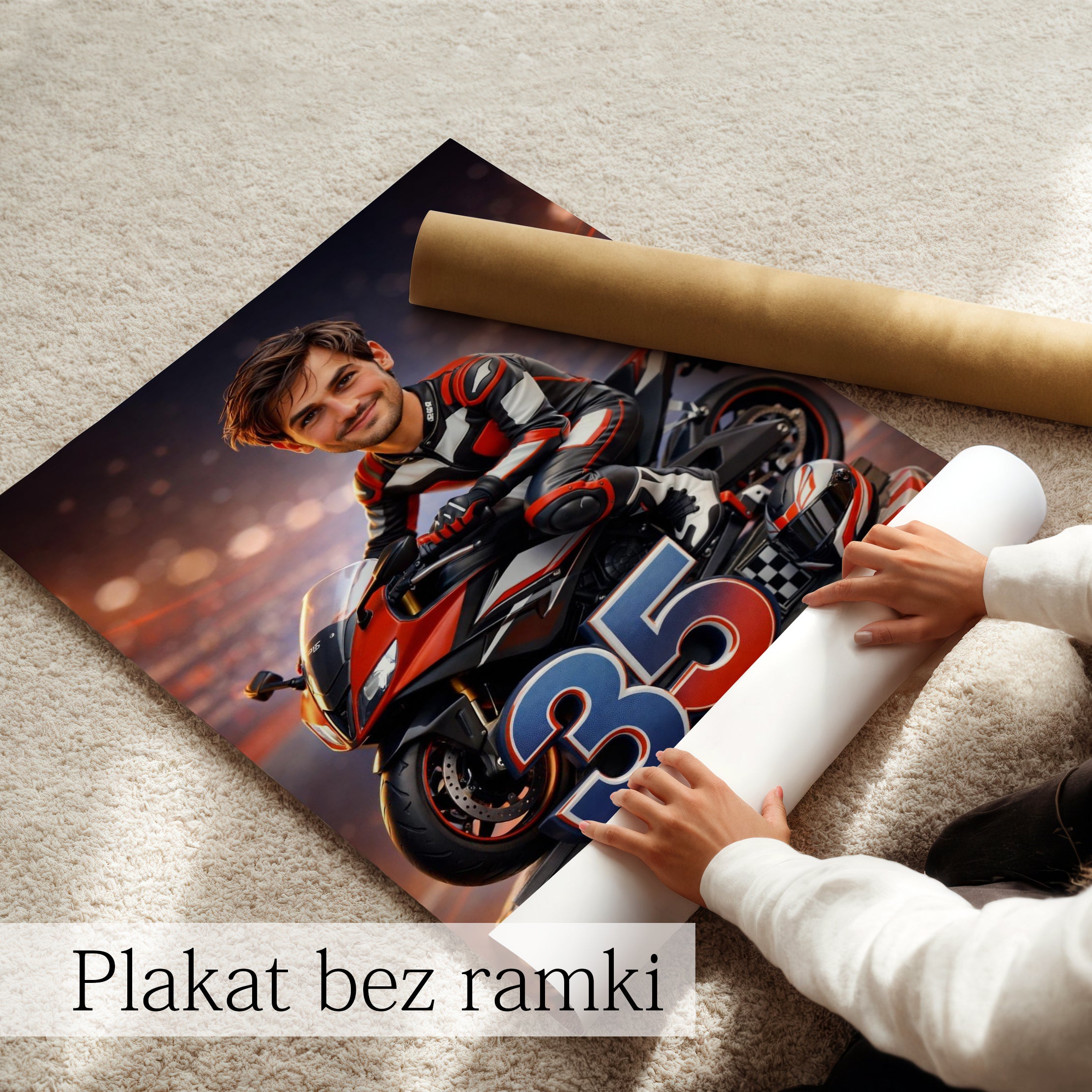 prezent dla motocyklisty karykatura z motocyklem ilustracja