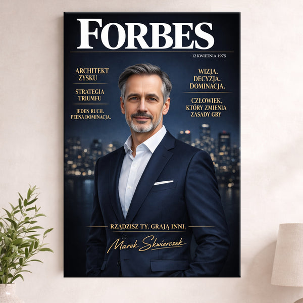 Obraz w Stylu Okładka Forbes ze Zdjęcia – Personalizowany Prezent dla Mężczyzny Gold