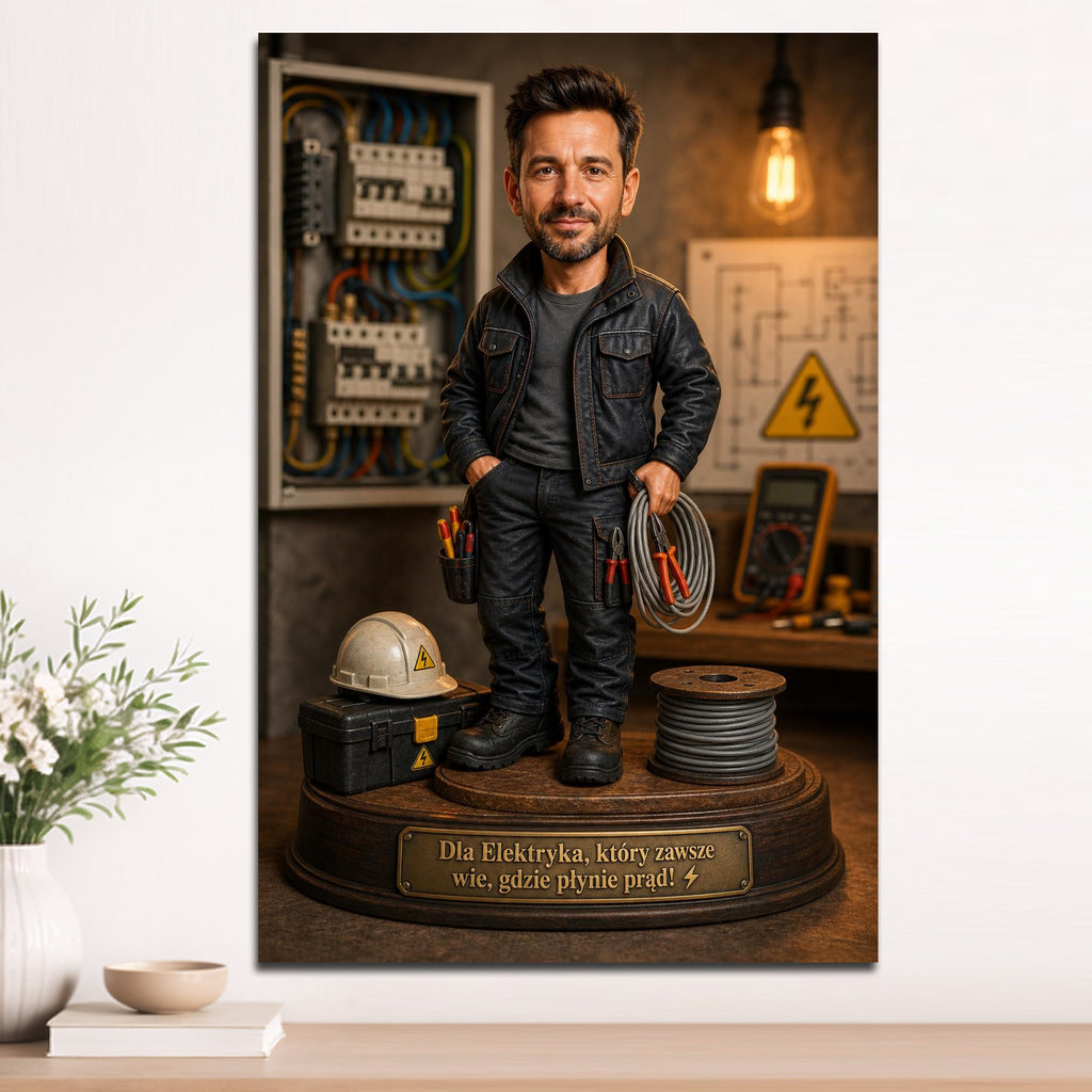 Personalizowany obraz z karykaturą elektryka wykonany ze zdjęcia.
