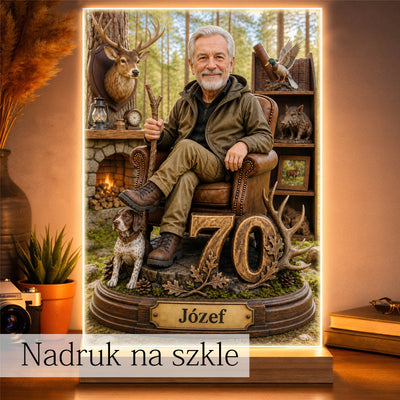 Personalizowany obraz dla myśliwego ze zdjęcia – wyjątkowa karykatura z motywem leśnym.
