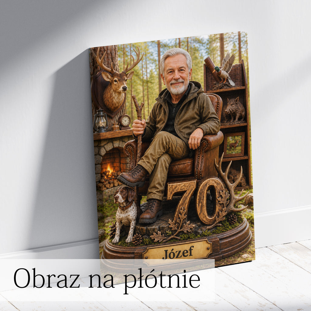 Personalizowany portret myśliwego ze zdjęcia z psem myśliwskim i leśnym krajobrazem.