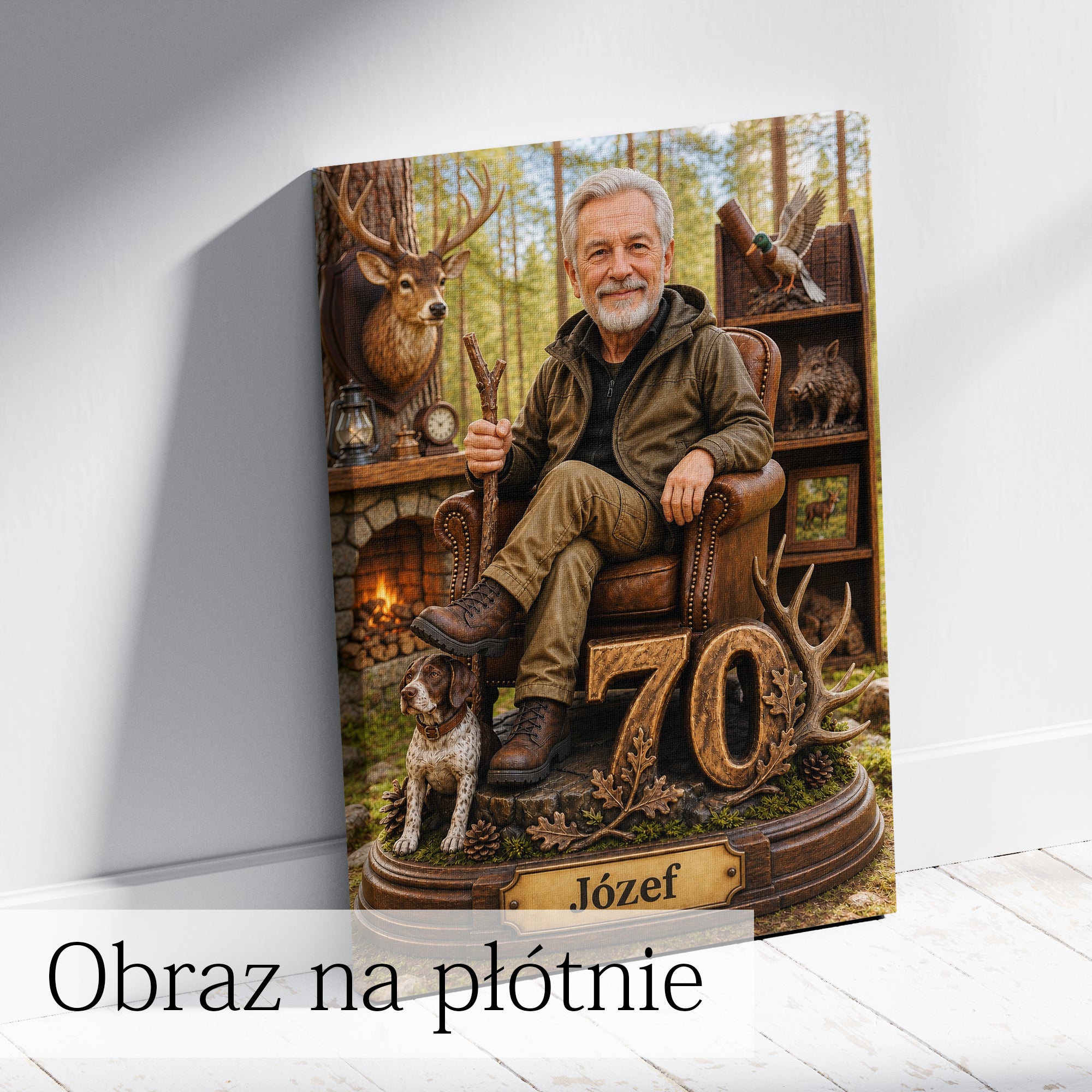 Personalizowany portret myśliwego ze zdjęcia z psem myśliwskim i leśnym krajobrazem.