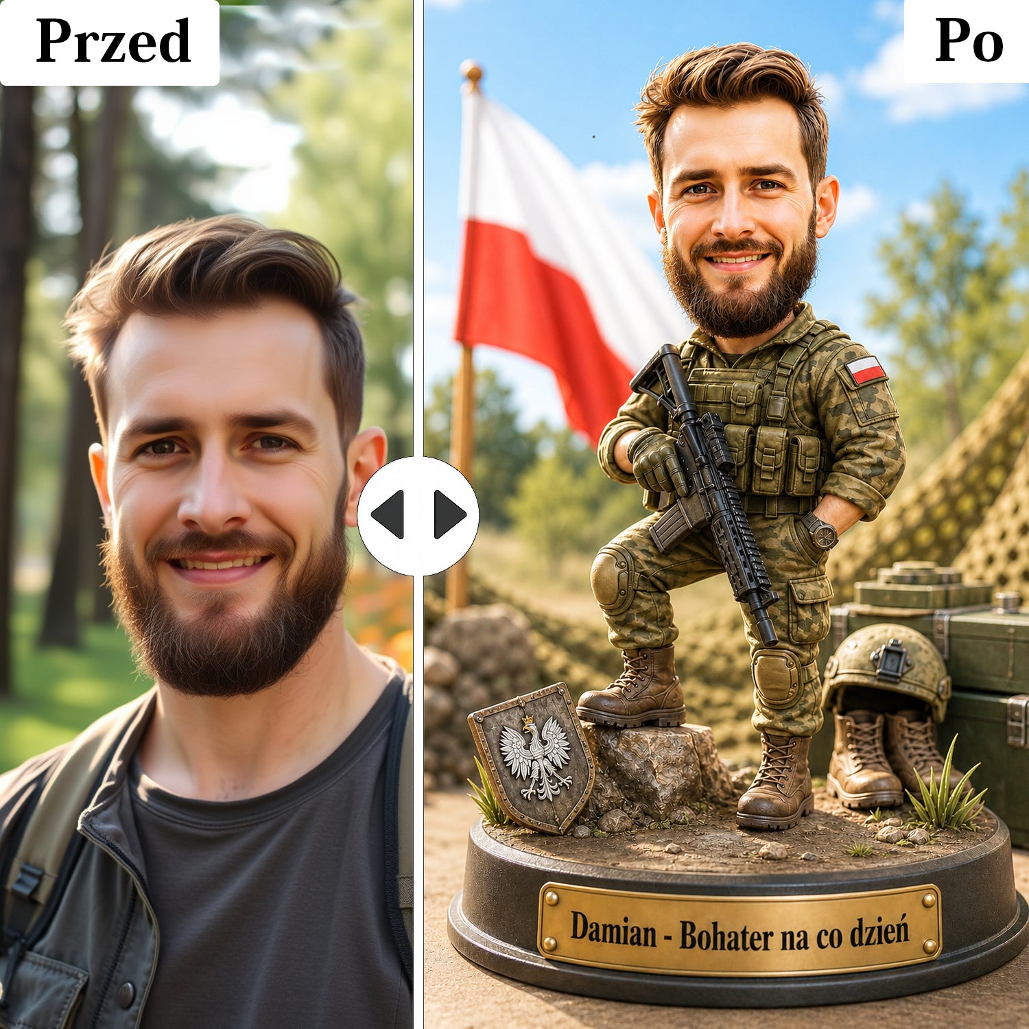 Personalizowany portret żołnierza z motywem wojskowym i dedykacją.