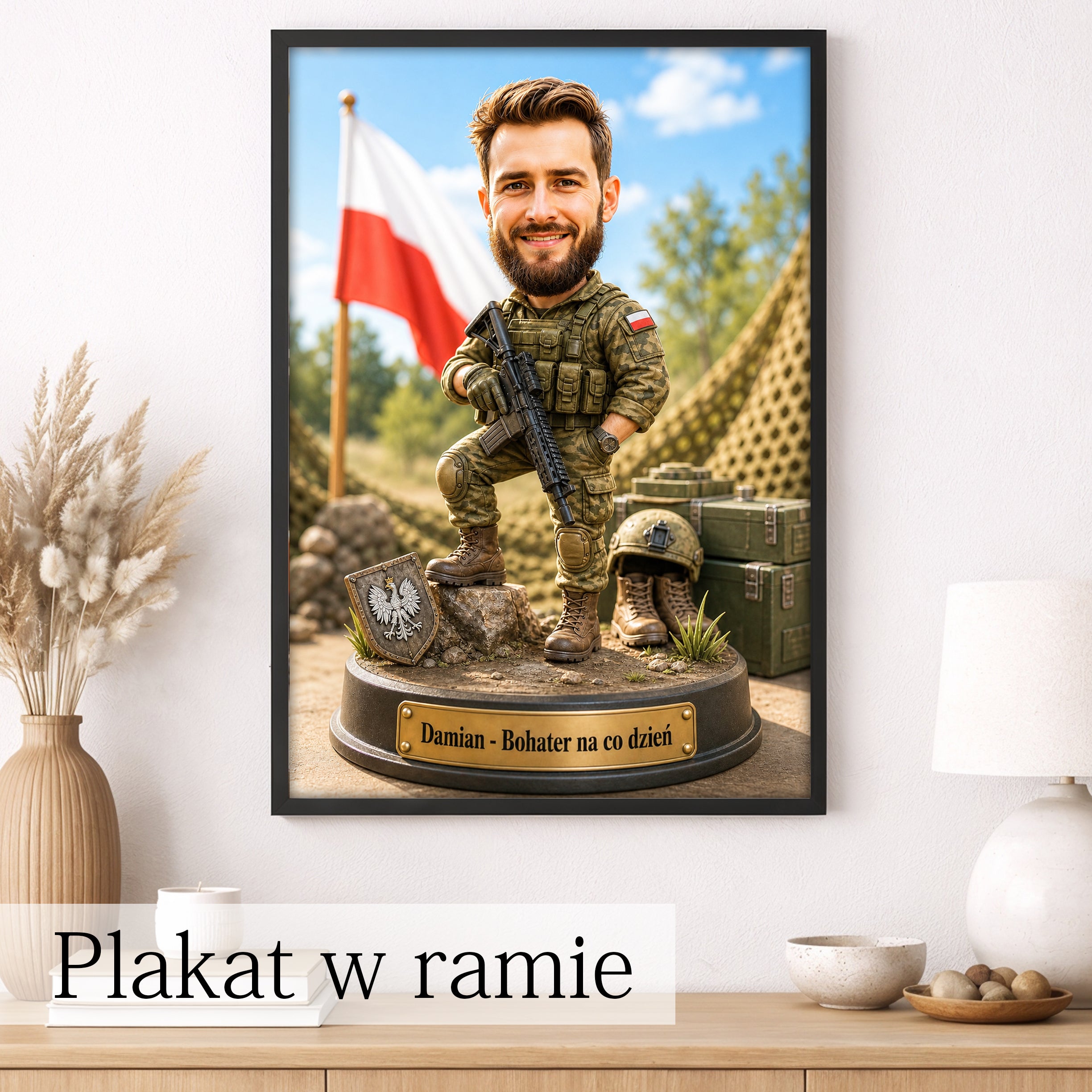 Obraz z karykaturą żołnierza w mundurze wojskowym wykonany ze zdjęcia.