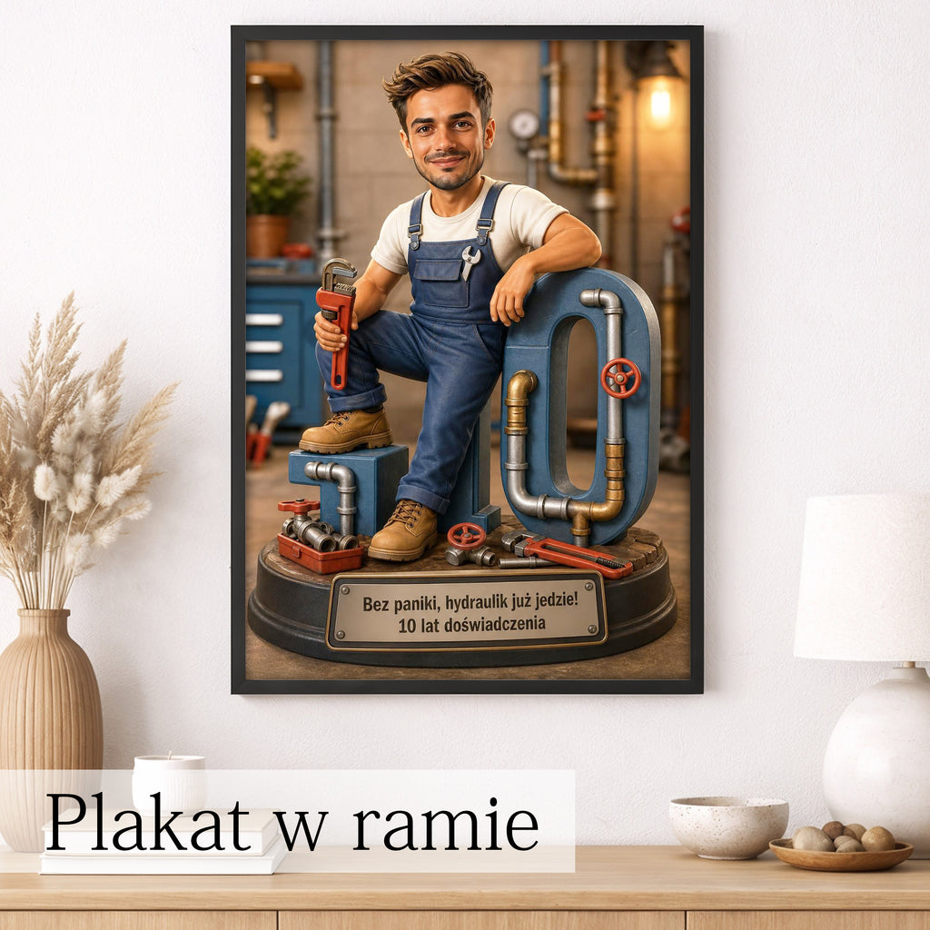 Karykatura hydraulika z narzędziami na personalizowanym plakacie.