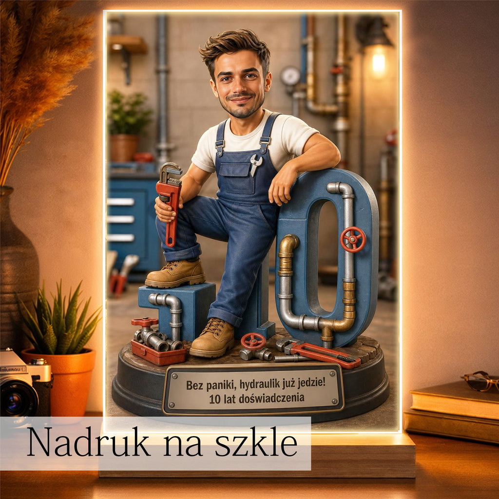 Plakat z karykaturą hydraulika wykonany na podstawie zdjęcia – oryginalny prezent.