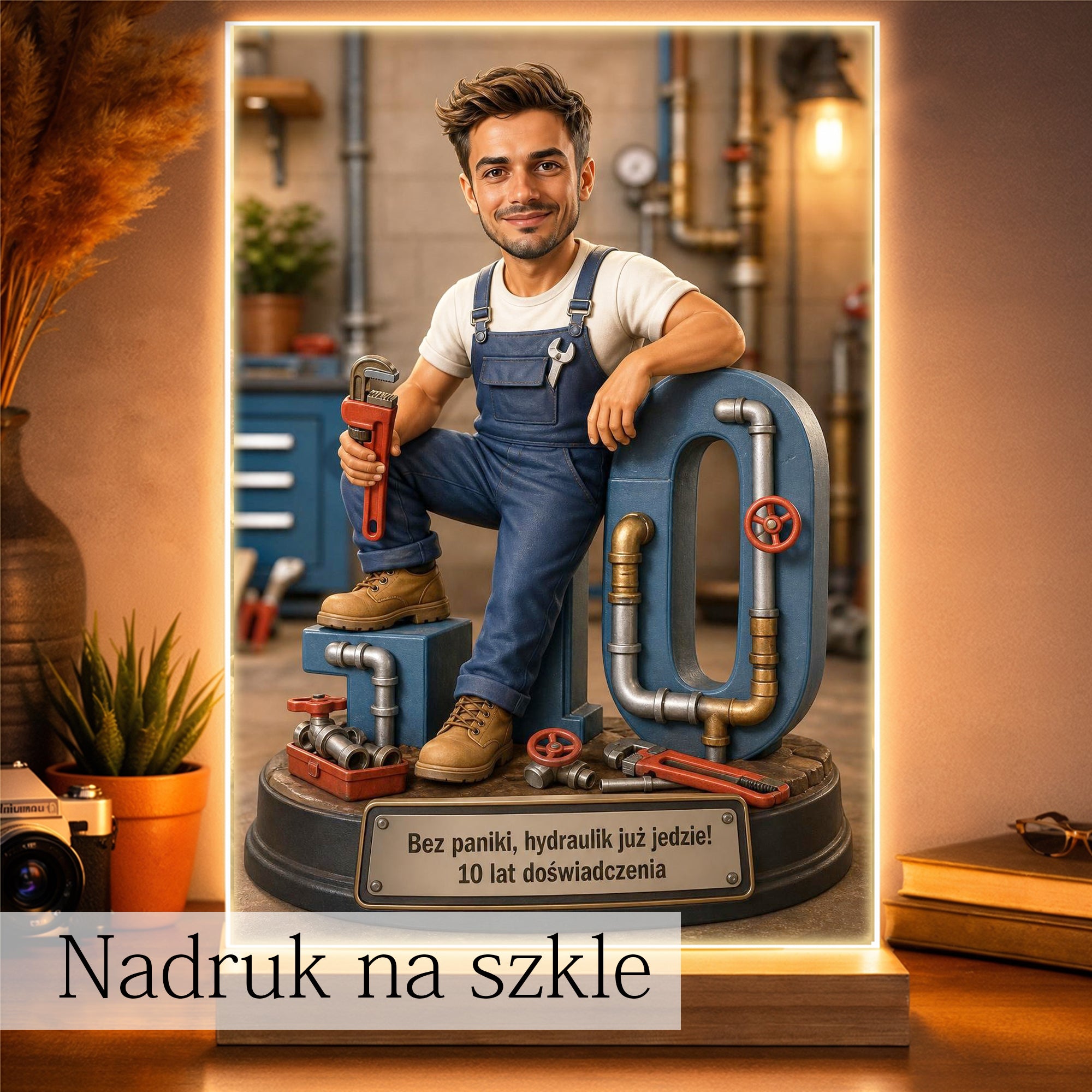 Plakat z karykaturą hydraulika wykonany na podstawie zdjęcia – oryginalny prezent.