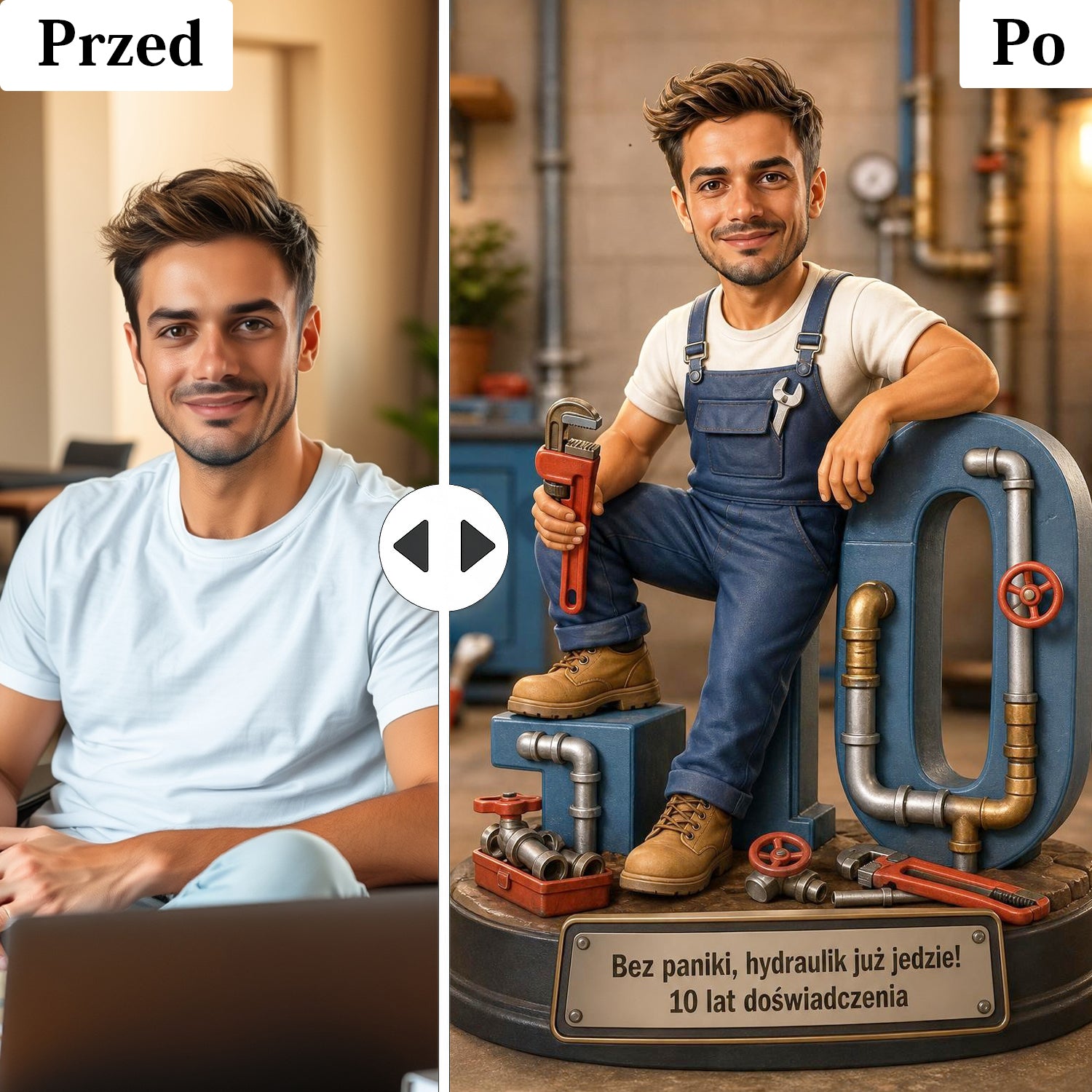 Personalizowany plakat dla chłopaka hydraulika z własnego zdjęcia.