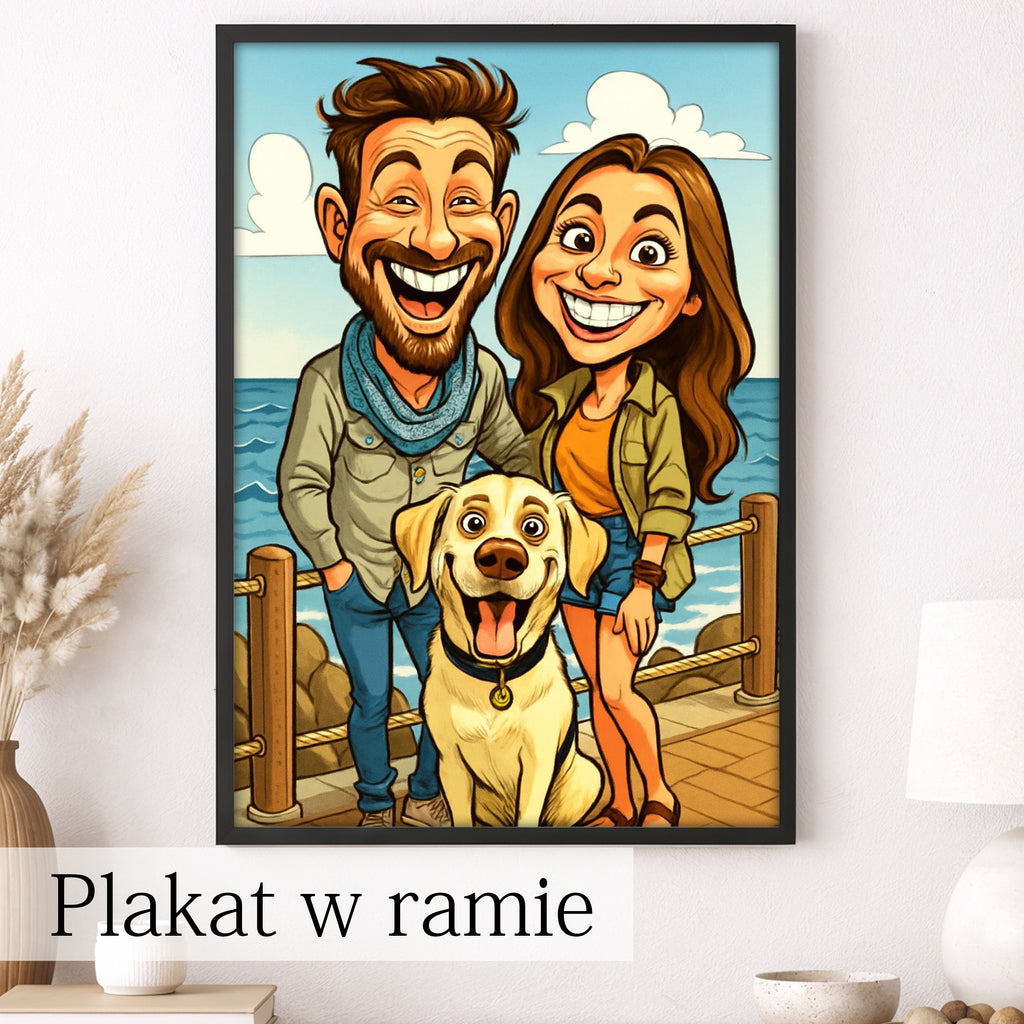 Personalizowany obraz na Płótnie - Portret Pary z psem I Prezent