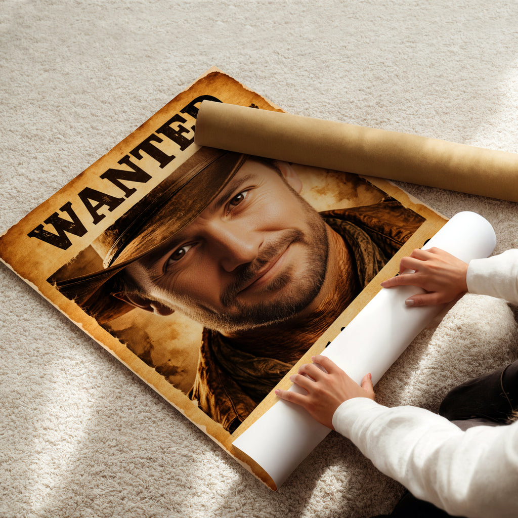 Personalizowany obraz z Twojego zdjęcia dla Mężczyzny w stylu Western "WANTED"