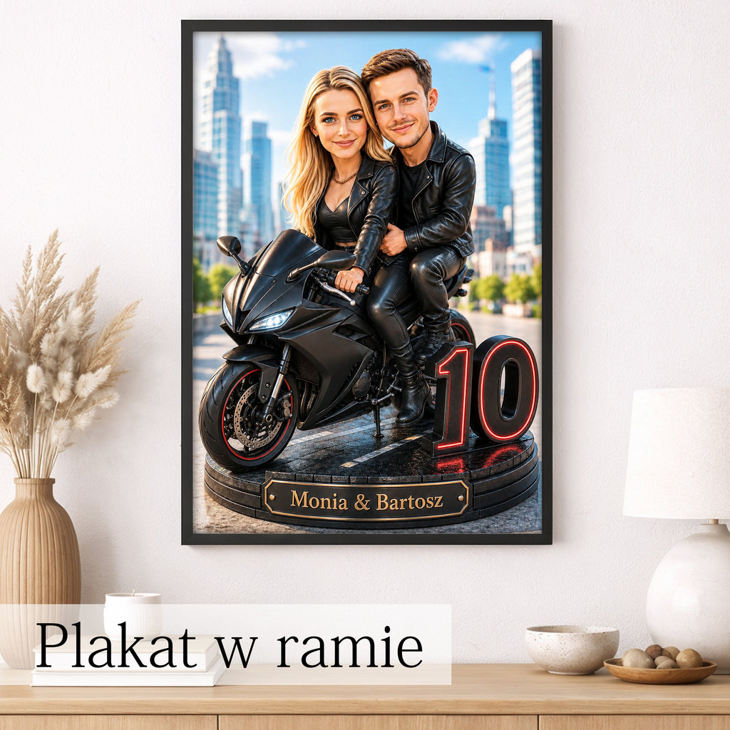 Portret pary na motocyklu ze zdjęcia – personalizowany obraz dla zakochanych motocyklistów.