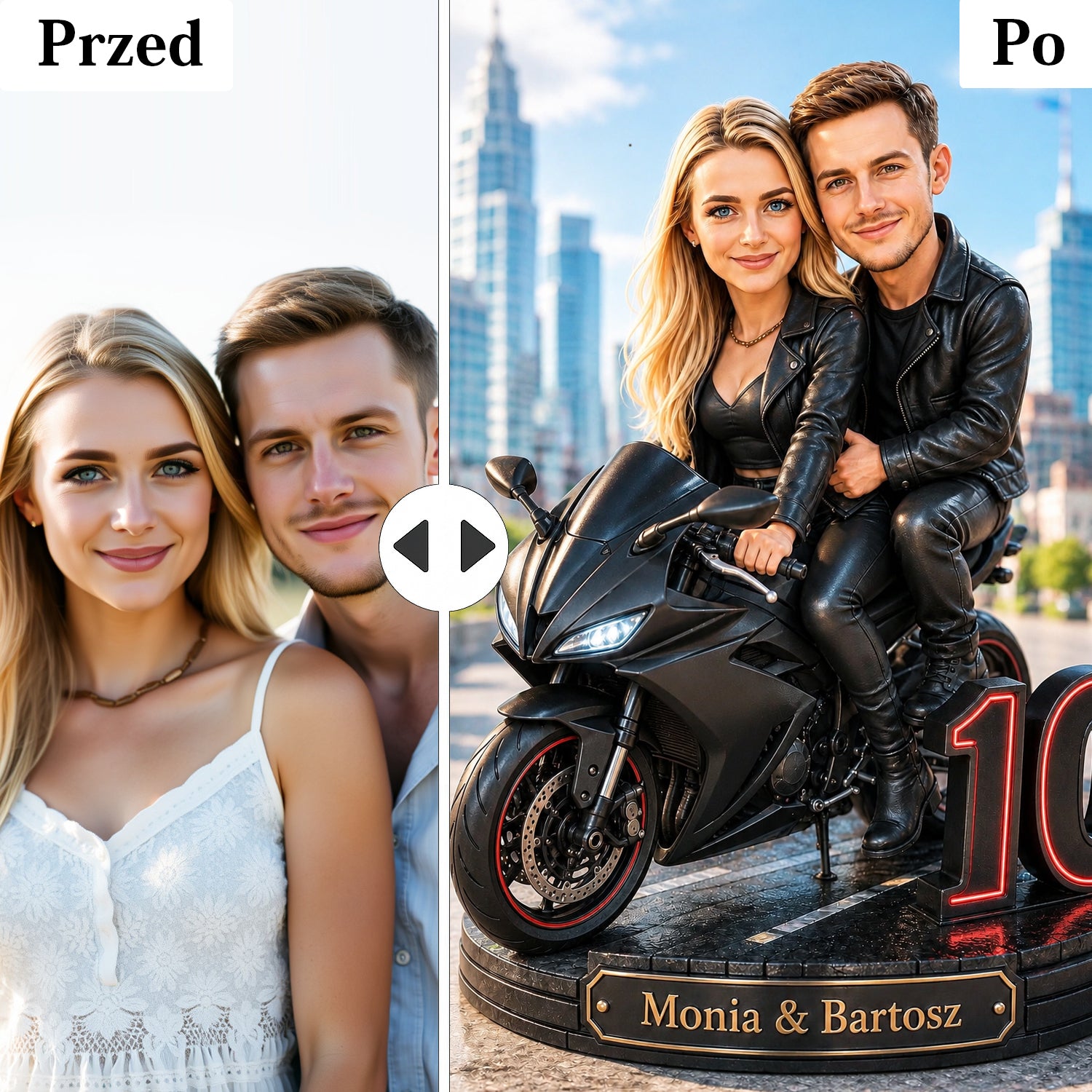 Personalizowany prezent dla pary motocyklistów – obraz z własnego zdjęcia.