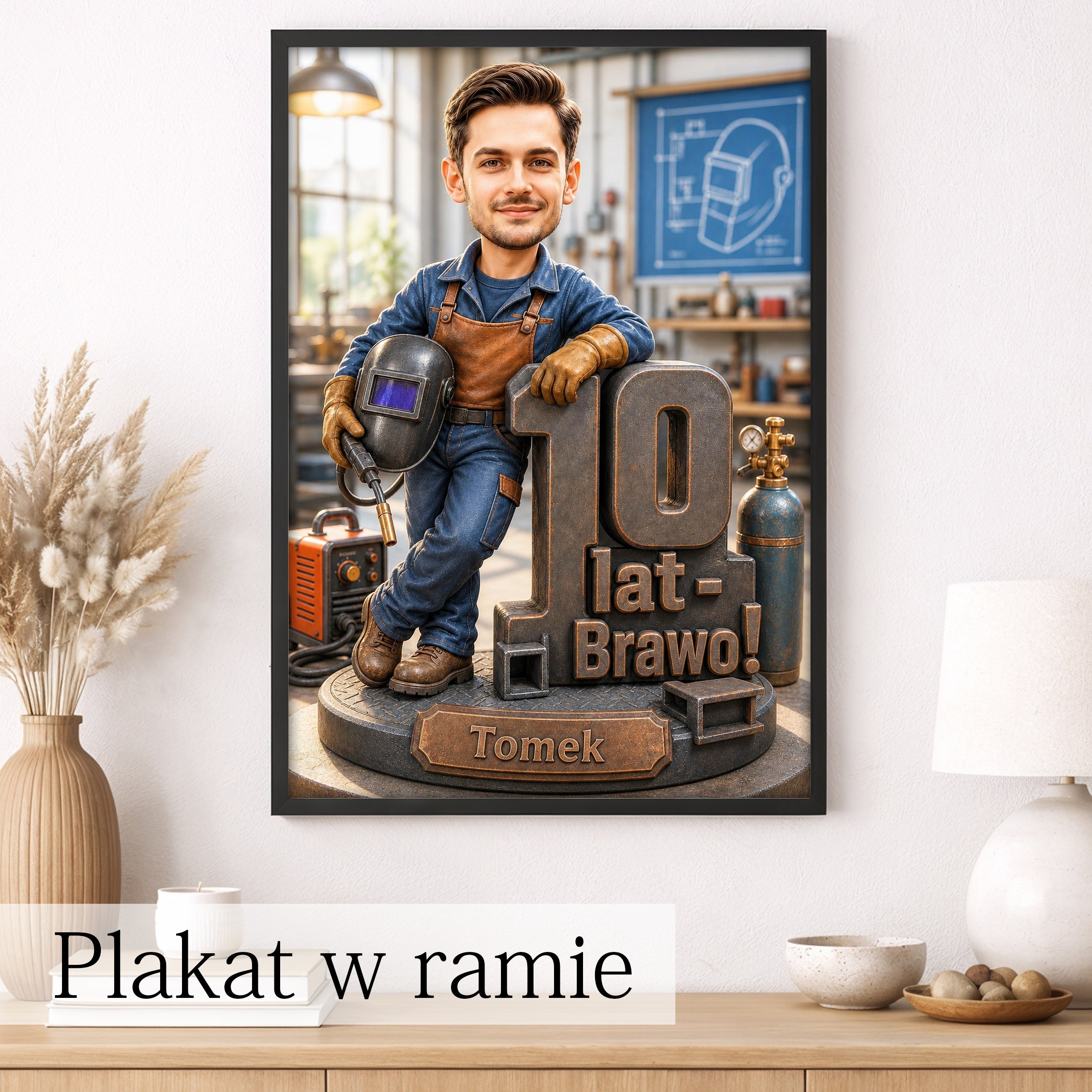 Obraz z karykaturą spawacza przy pracy wykonany ze zdjęcia.