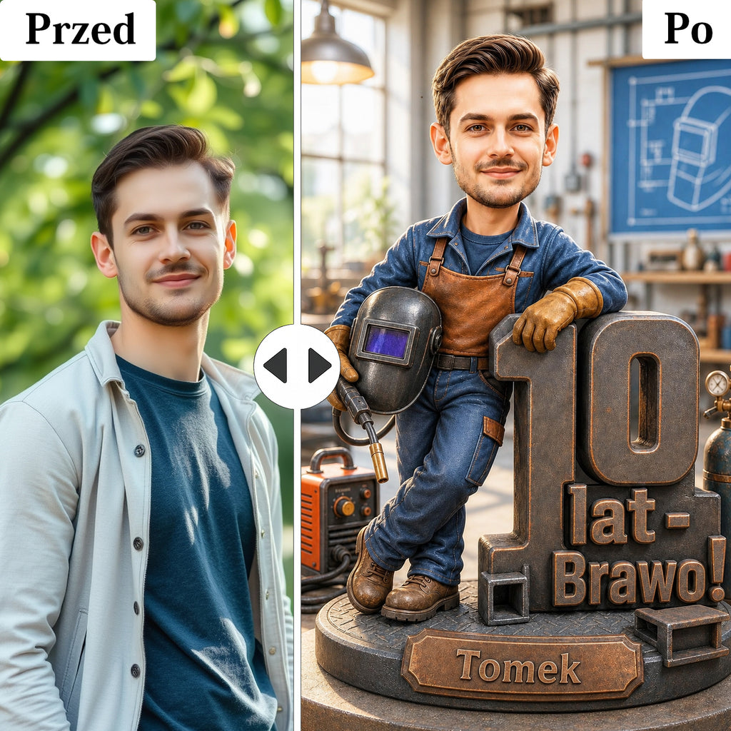 Personalizowany portret spawacza z maską spawalniczą i iskrami.