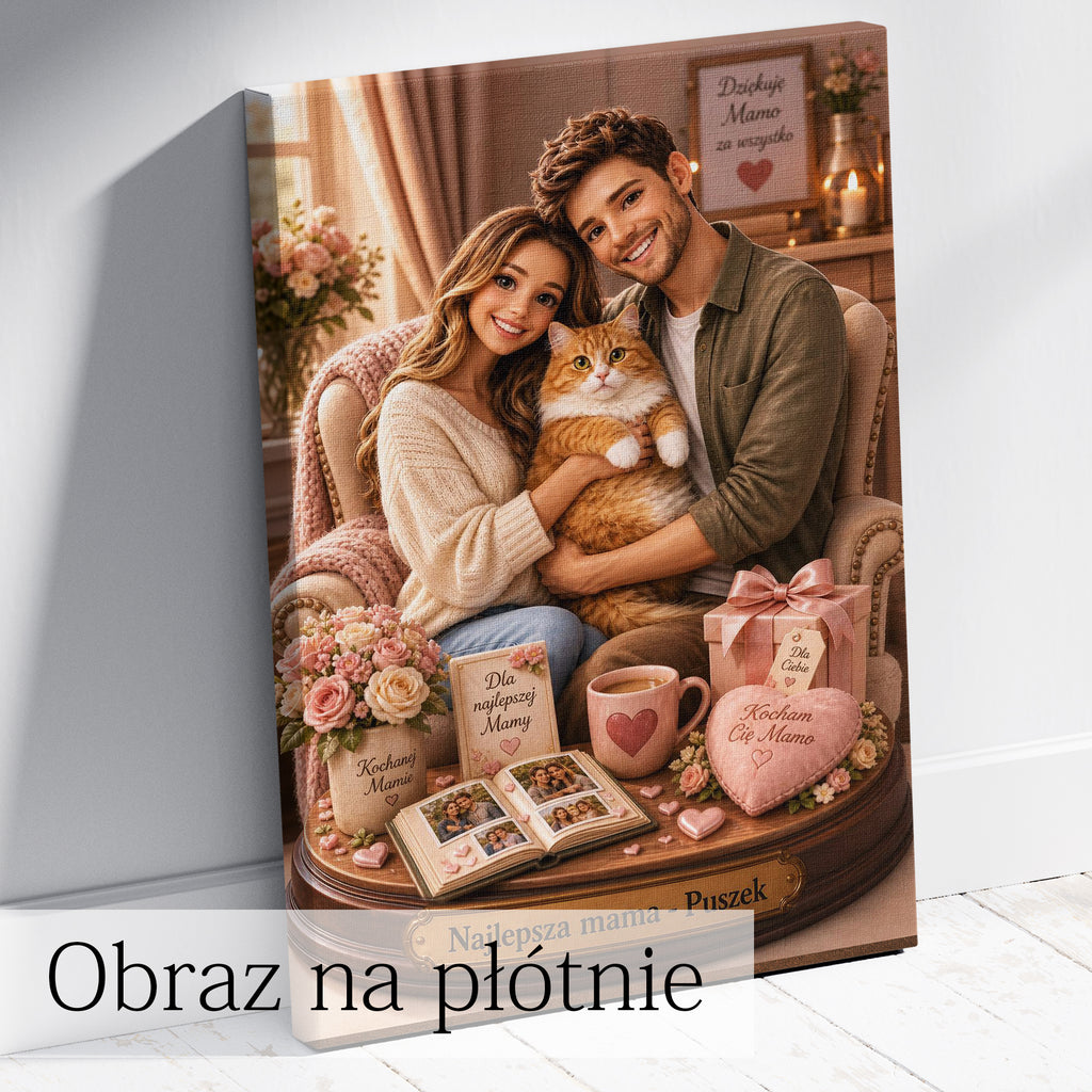 Personalizowany portret mamy z kotami na płótnie