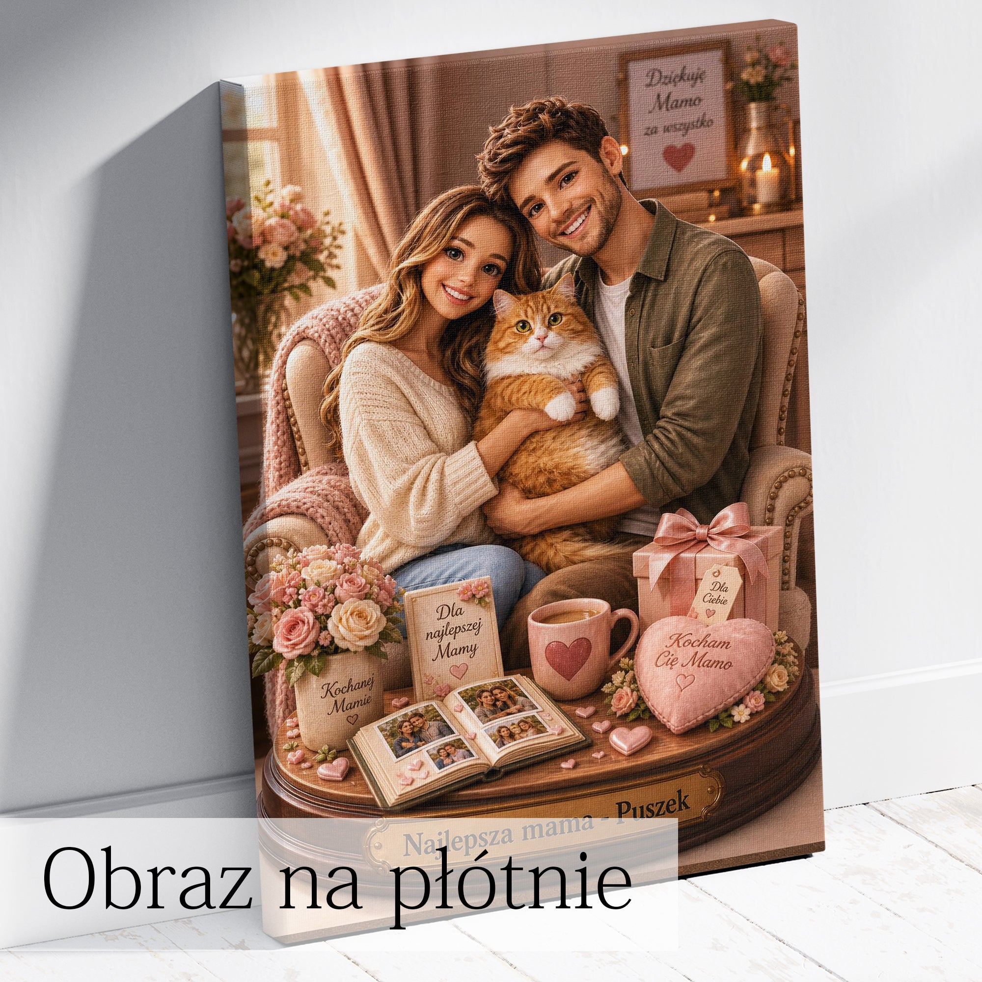 Personalizowany portret mamy z kotami na płótnie