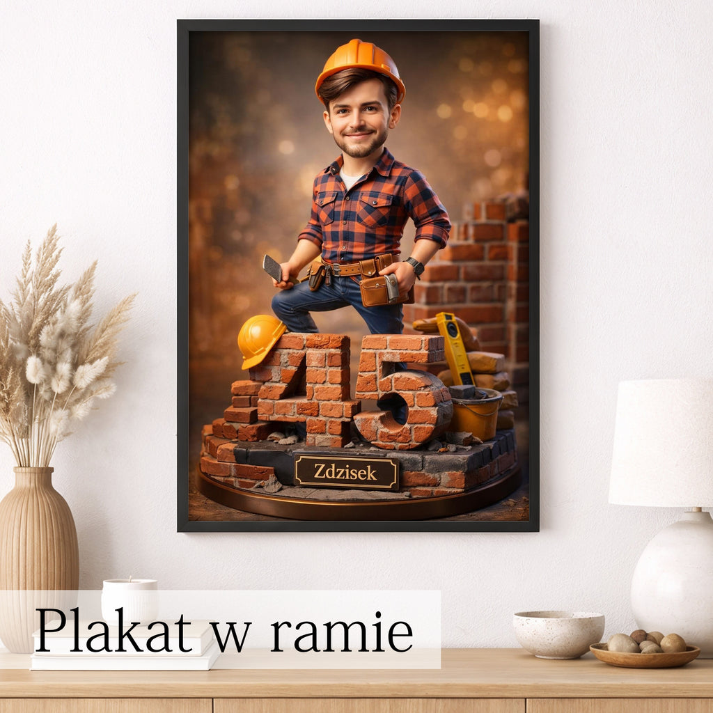 Karykatura Budowlańca – Personalizowany Obraz dla Taty, Brata, kolegi z pracy