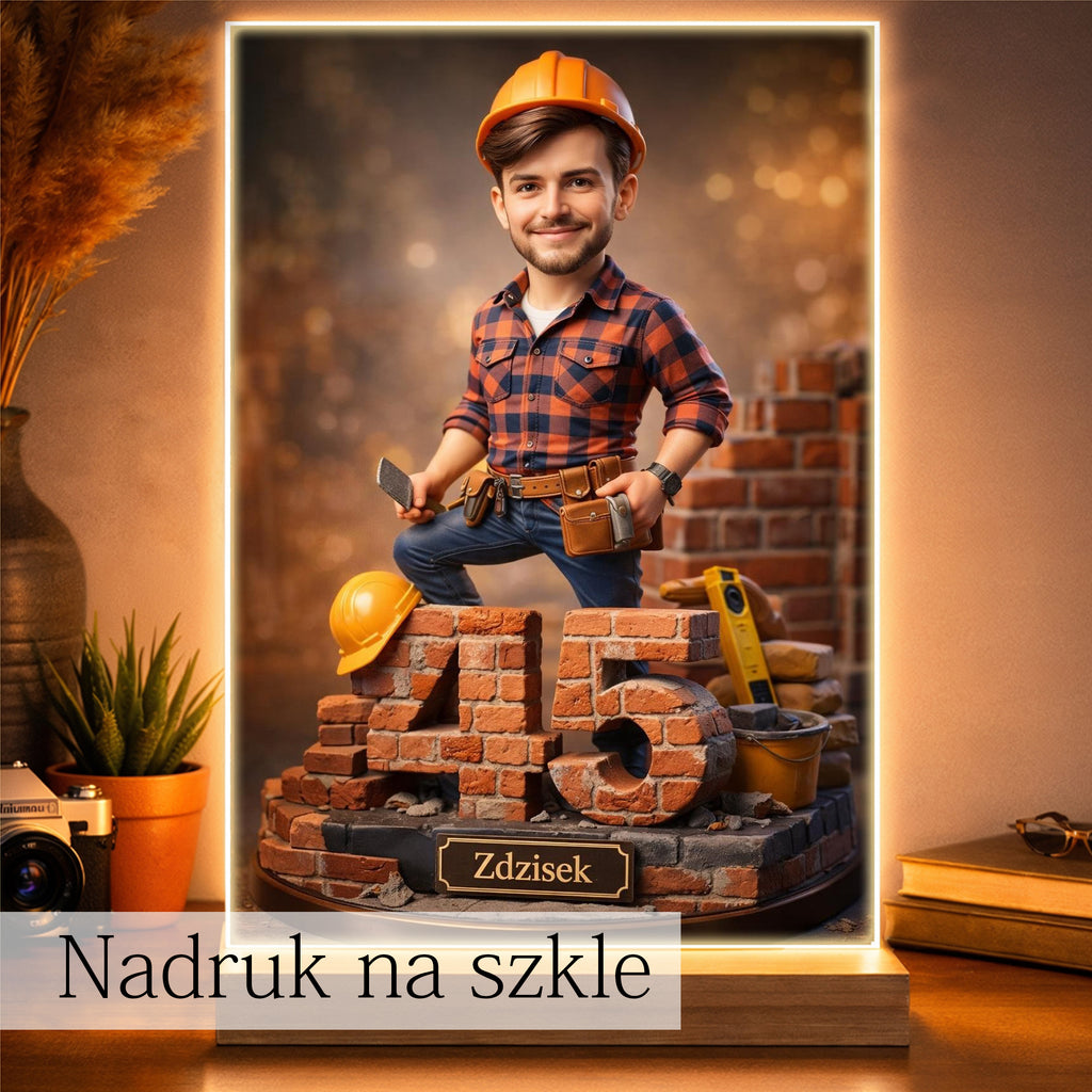 Karykatura Budowlańca – Personalizowany Obraz dla Taty, Brata, kolegi z pracy
