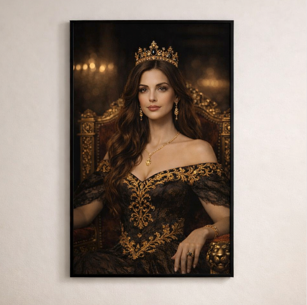 Portret królowej na tronie - obraz ze zdjęcia.