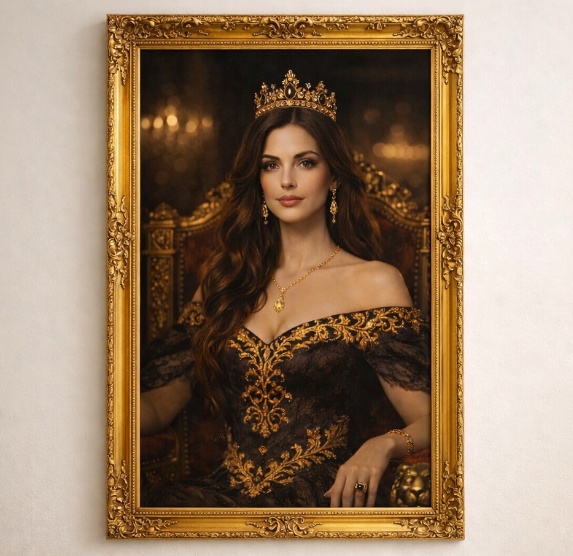 Portret królowej na tronie - obraz ze zdjęcia.