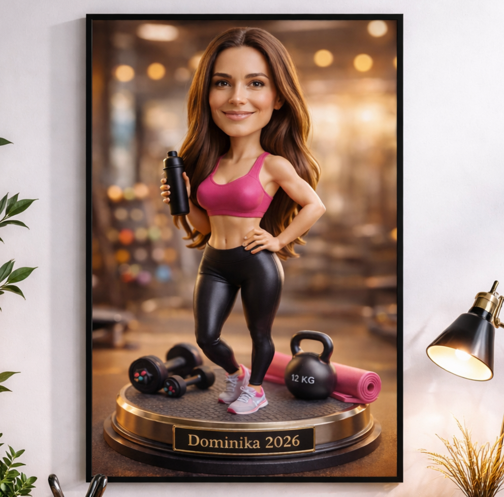 zobacz jak wygląda jako fitness girl karykatura ze zdjęcia