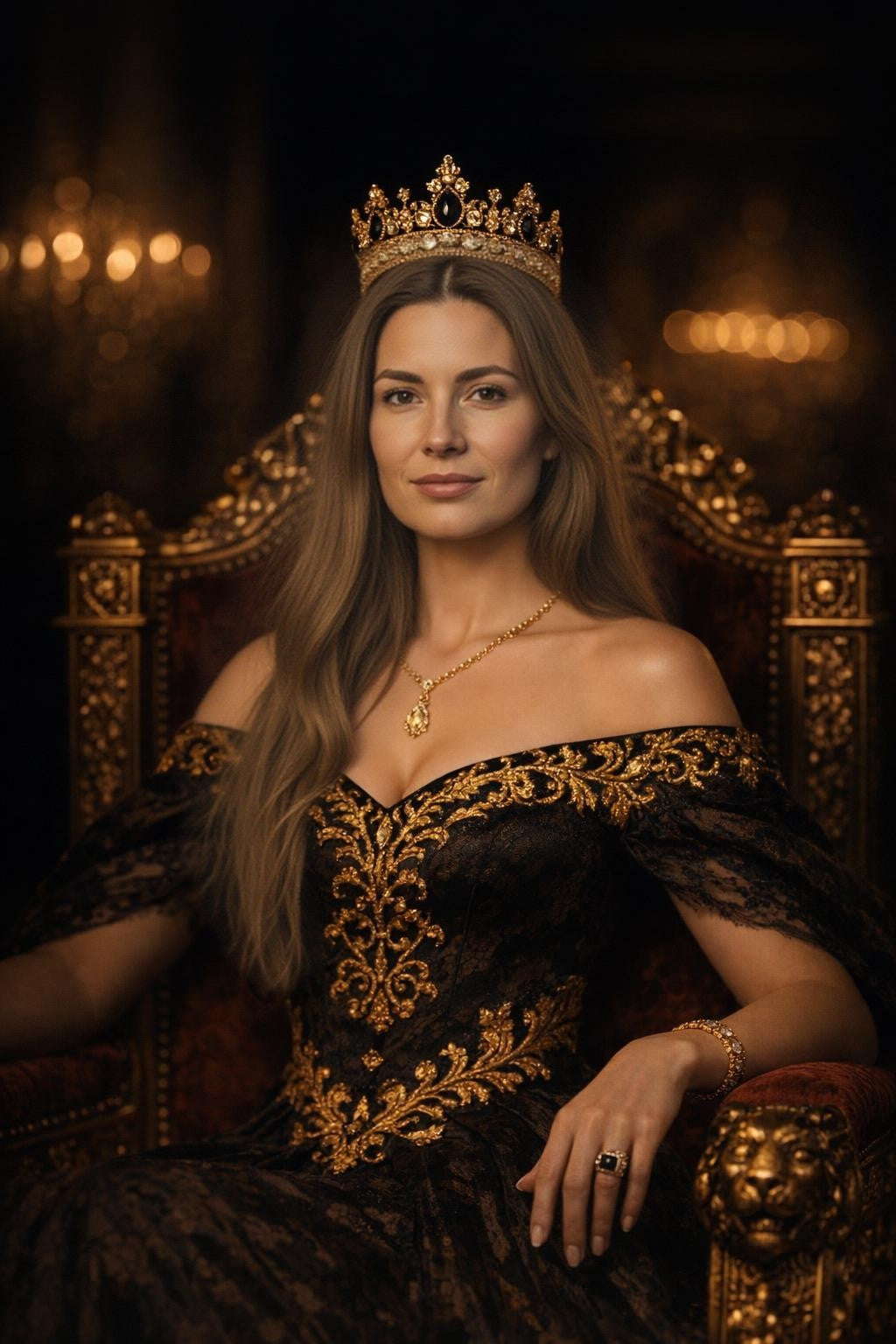 Portret królowej na tronie - obraz ze zdjęcia.