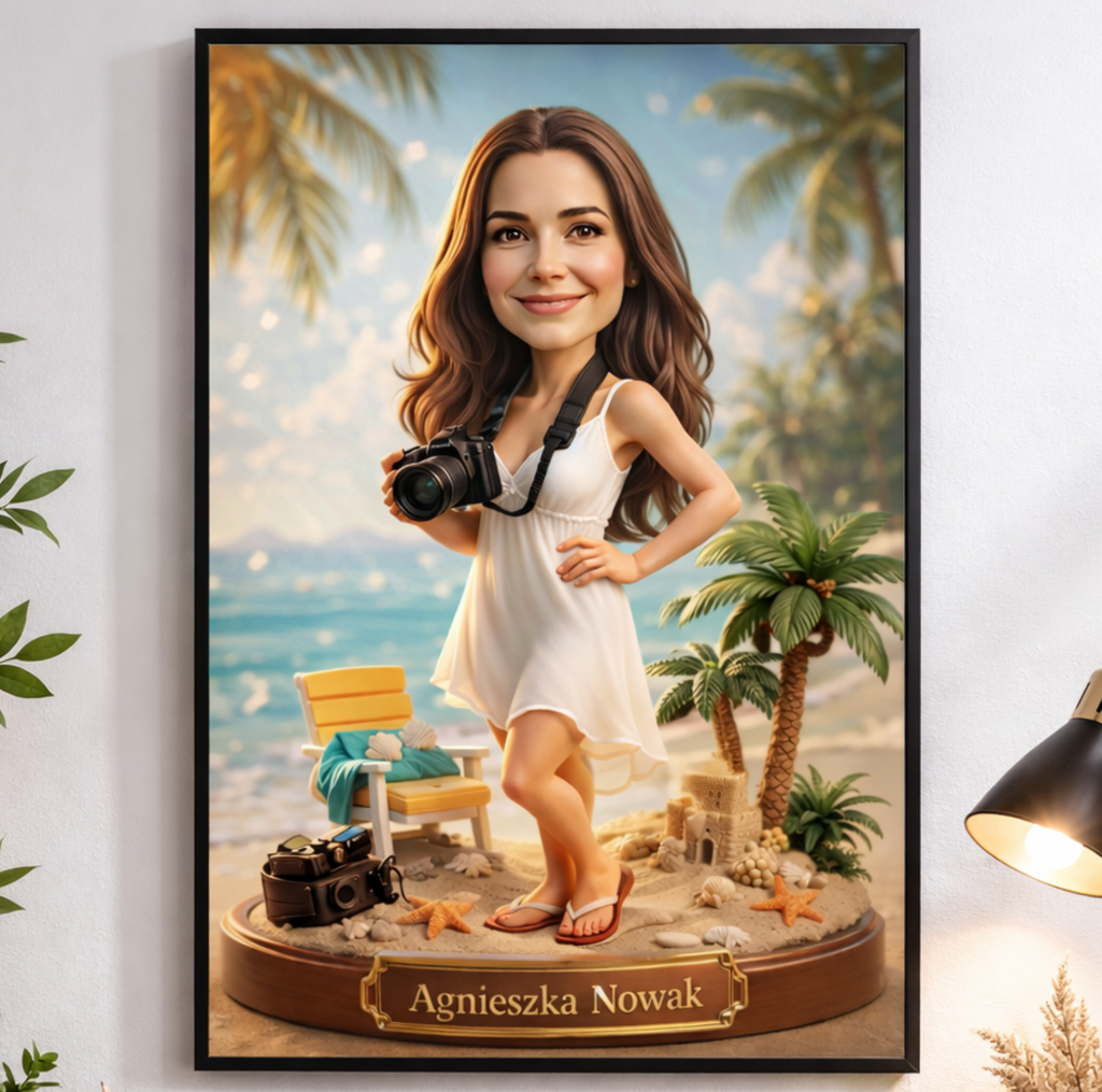 karykatura podróżniczki ze zdjęcia personalizowany prezent dla niej