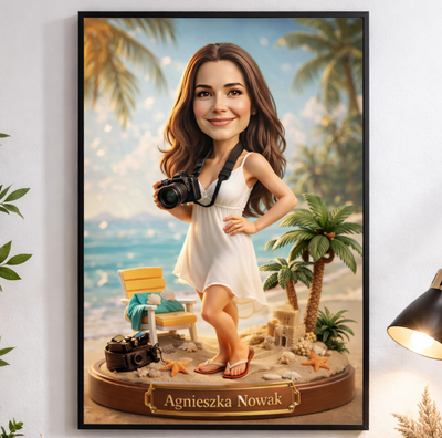 karykatura podróżniczki ze zdjęcia personalizowany prezent dla niej