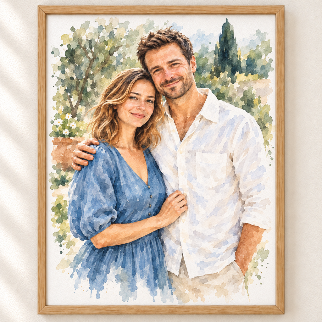 Portret pary ze zdjęcia – Klasyczna akwarela w drewnianej ramce